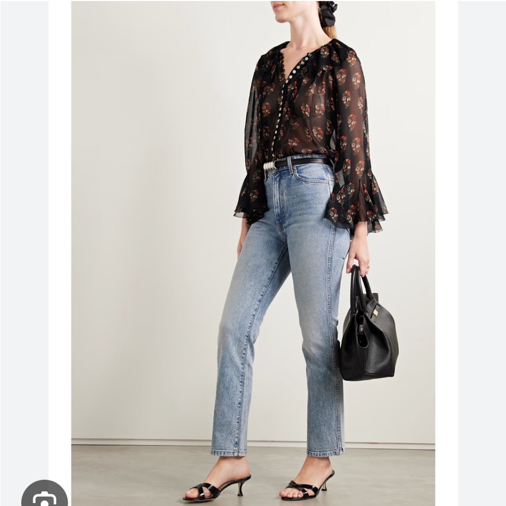 NWT Doen Floral Sheer Blouse with Ruffled Sleeves
